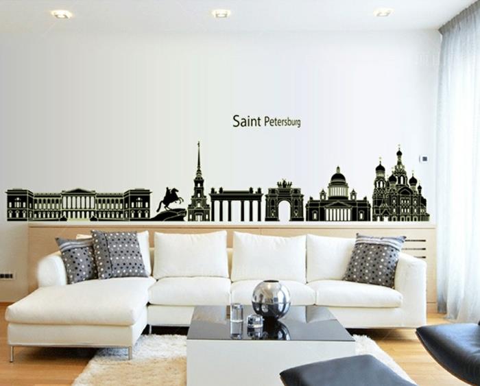 olohuoneen seinän suunnittelu seinätarrat suosikki kaupungit valkoinen kulmasohva sohvapöytä