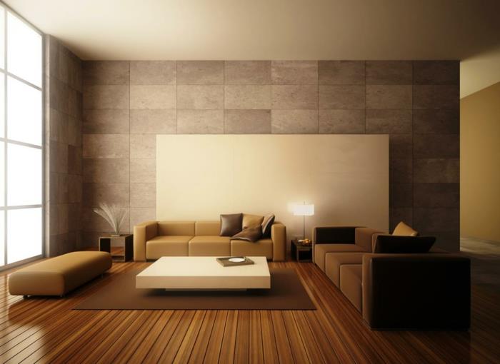 olohuoneen sisustusideoita ruskean sävyjä kaunis seinäsuunnittelu tyylikkäät heittotyynyt