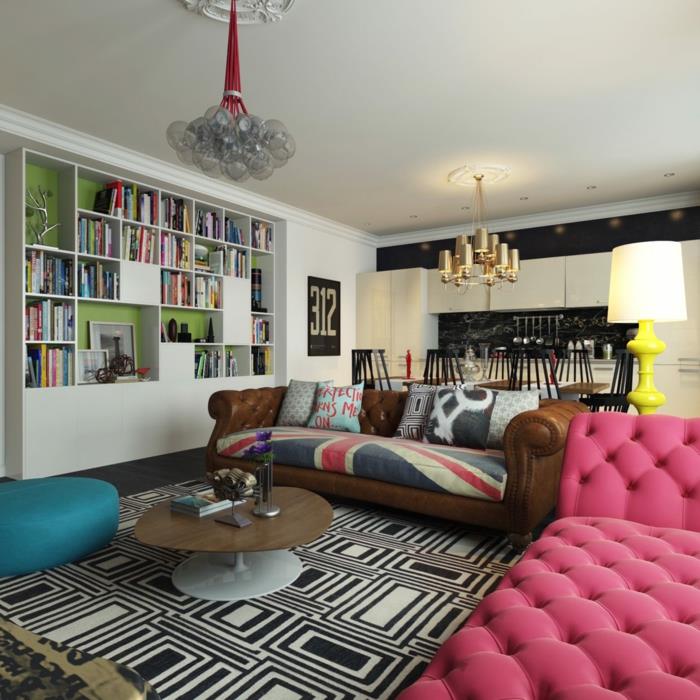 olohuoneen sisustusesimerkkejä värilliset huonekalut loistava sohvapöytä