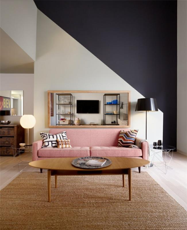 olohuoneen sisustusideoita vaaleanpunainen sohva sisalmatto seinämaali