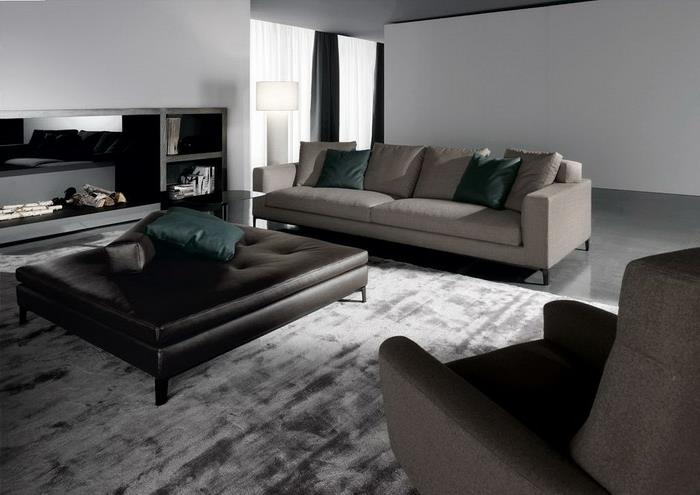 olohuoneen sisustusideoita tyylikäs matto nahkatuoli tyylikkäät sohvat