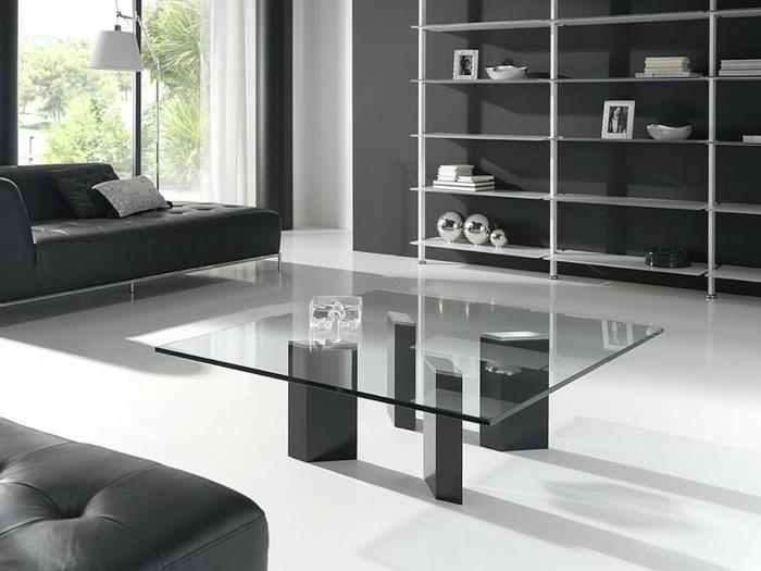 olohuoneen sisustusideoita mustat huonekalut lasipöytävalo lattia valkoiset verhot