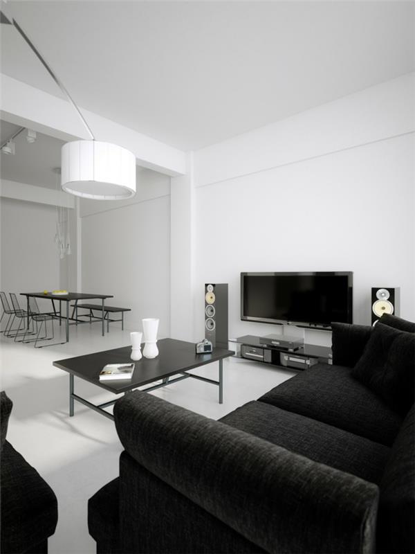 olohuoneen sisustusideoita mustat huonekalut valkoinen lattia