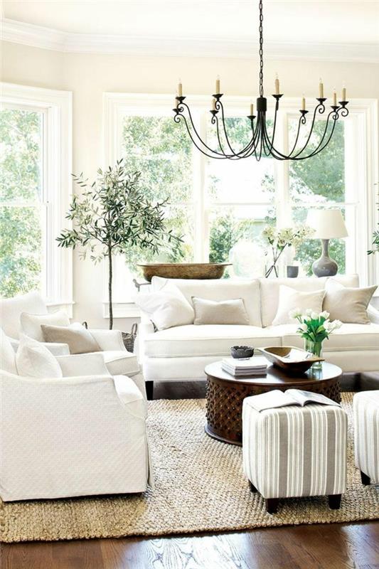 olohuoneen huonekalut ideoita valkoinen olohuone huonekalut sisal matto kasvit