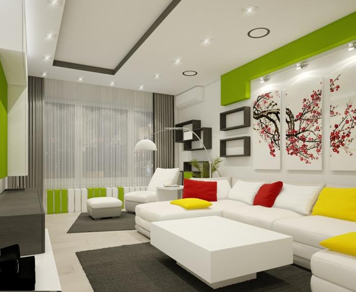 olohuoneen sisustusideoita valkoiset huonekalut värilliset heittotyynyt seinähyllyt