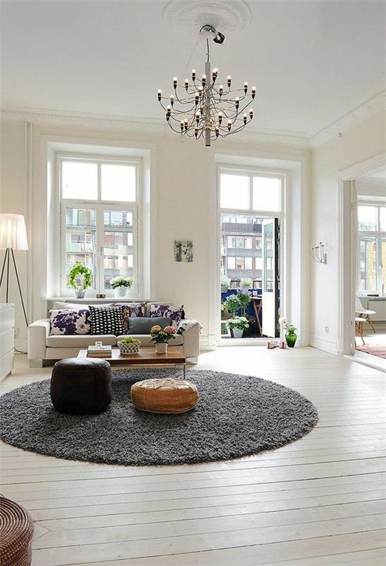 olohuoneen sisustusideoita kuvia design pyöreä matto juoksija
