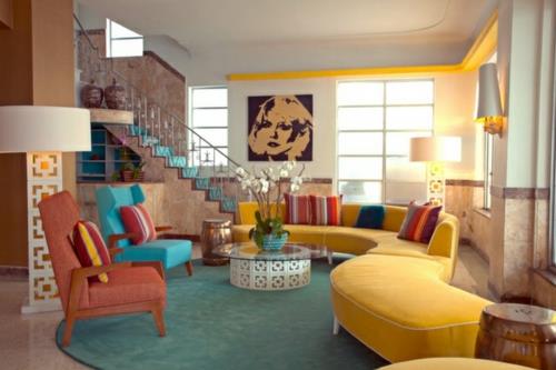 olohuoneen suunnitteluideat retro -tyylinen seinäsuunnittelu 50 -luvun inspiraatio värisuunnittelu