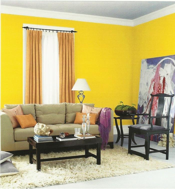 olohuone matto beige matto keltainen seinät vaalean oranssi aksentti