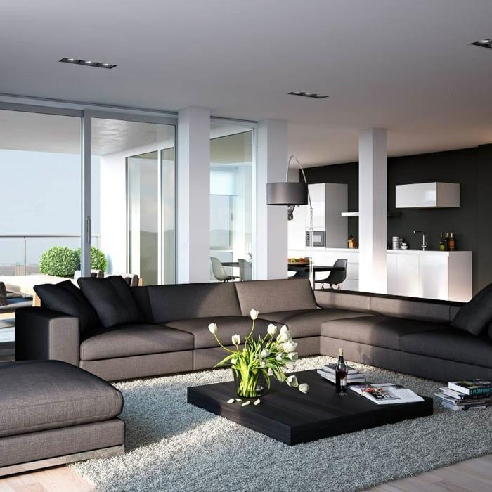 olohuoneen matto harmaa valkoinen tulppaanit minimalistinen sohvapöytä