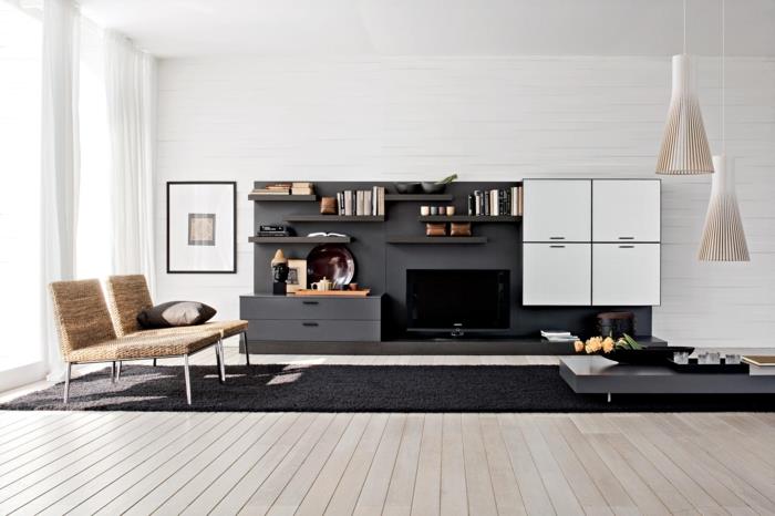 olohuoneen matto musta tyylikäs viileä olohuoneen huonekalut riippuvalaisimet