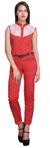 Ny Sierra Kvinder Crepe Lace Yoke Placket Pocket Polka Dot Jumpsuit