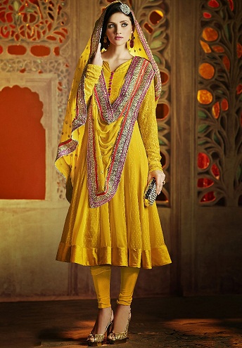 Gul faux Georgette Anarkali jakkesæt