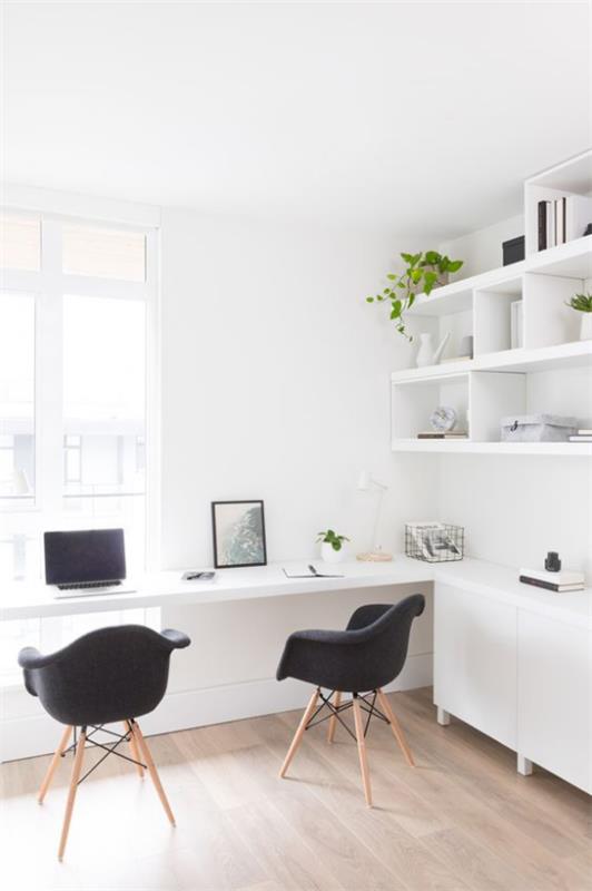nykyaikainen kotitoimisto houkutteleva tunnelma valkoinen hallitsee ikkunoiden valoa kaksi mustaa nojatuolia kontrastina