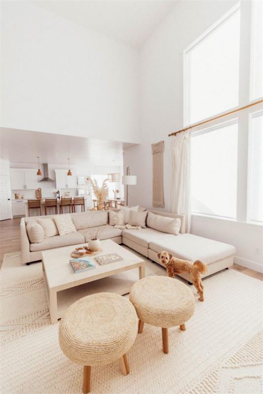 ajattomat värit olohuoneen kulmasohvalla beigeä ottomaania vaaleanruskeassa vaaleassa mattokeittiössä taustalla