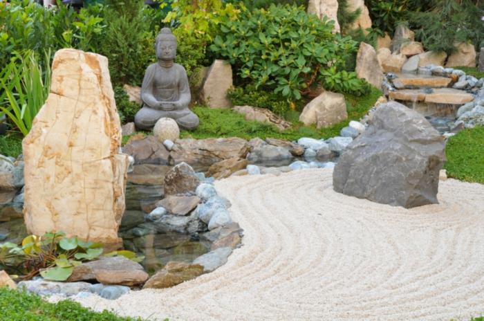 zen puutarha kivi lohkot hiekka kiviä puutarha lampi buddha patsas