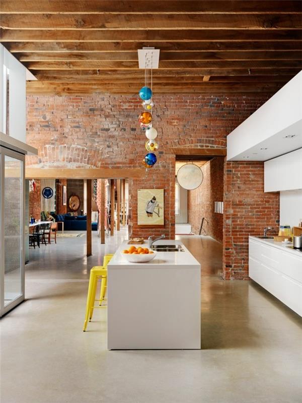 tiiliseinä moderni seinän suunnittelu keittiössä ja houkutteleva valaistus