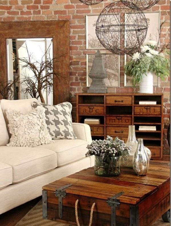 tiiliseinä olohuone maalaismainen huonekalut puu sohvapöytä tee itse
