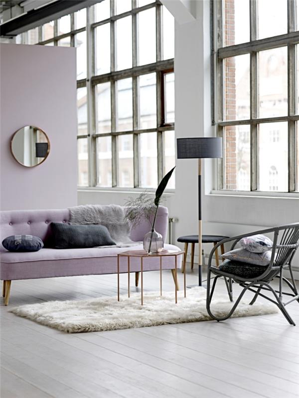 huonekalut-ideat-olohuone-design-ideat-vaaleanpunainen-aksentti-seinä-sohva-matto