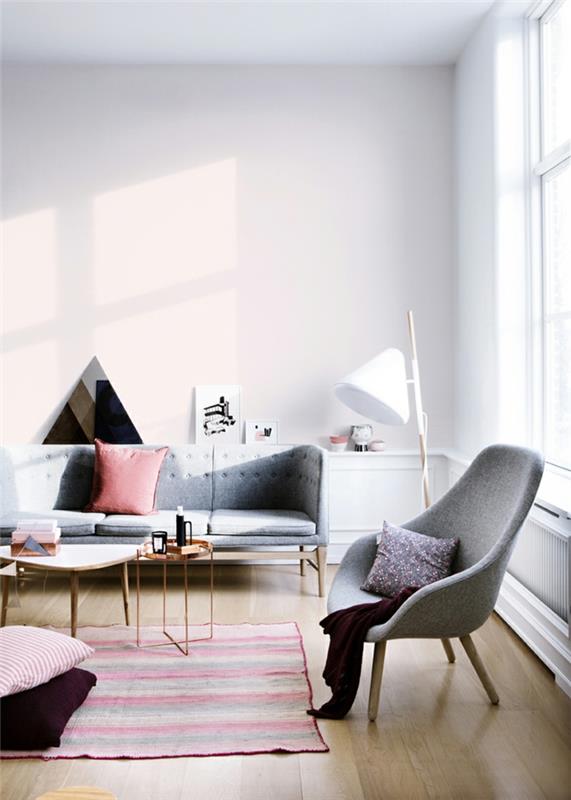 huonekalut olohuone pastellivärejä matonheitotyynyt