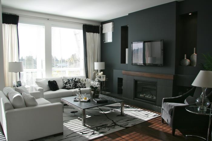 huonekalut olohuoneen suunnitteluideat musta aksentti seinä valkoiset sohvat