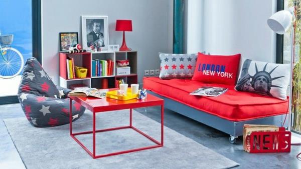 huoneen värit värikäs sisustus punainen sohva