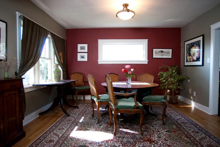 huoneen värit ruokasali suunniteltu punainen aksentti seinävärinen matto