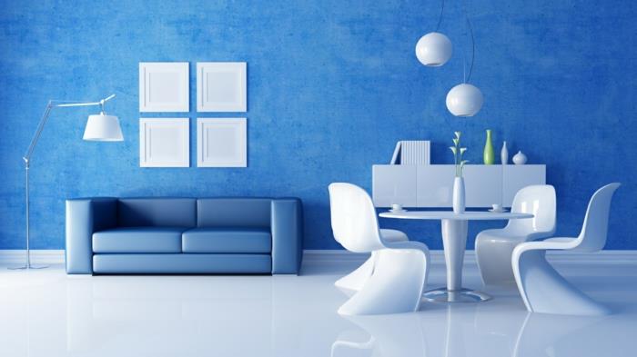 huoneen värit ideoita sininen seinän väri sininen sohva valkoiset tuolit