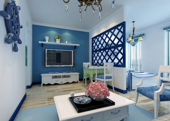 huoneen värit ideoita pieni olohuone sininen valkoinen välimerellinen
