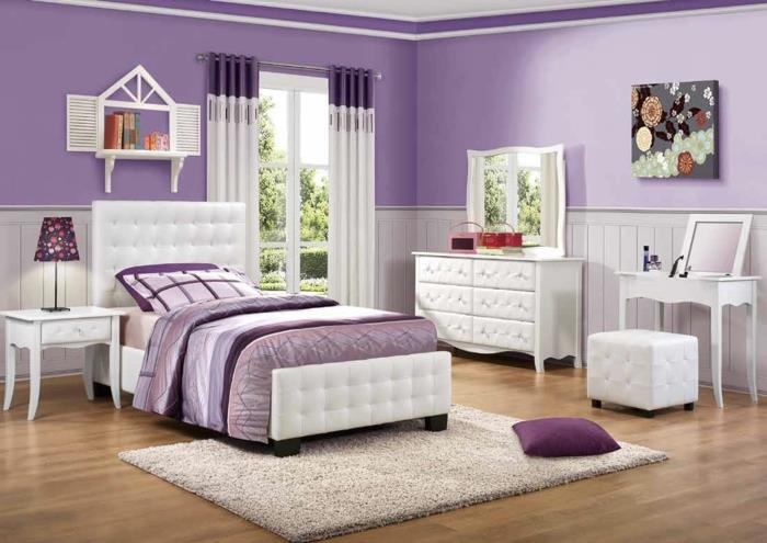 huoneen värit ideoita tytöt huoneen suunnittelu violetti seinämaali matto