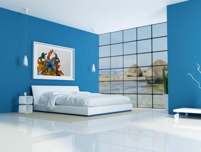 huoneen värit ideoita makuuhuone sininen riippuvalaisin