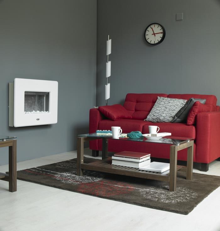 huoneen värit punainen sohva vaaleanharmaat seinät olohuone