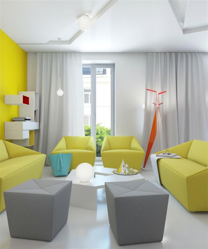 huoneen värit olohuone keltainen aksentti seinä epätavalliset huonekalut