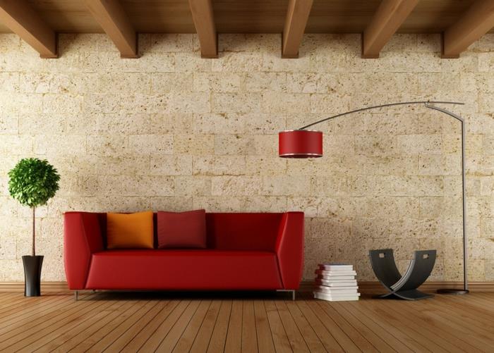 huoneen värit olohuone vaalea seinä punainen sohva