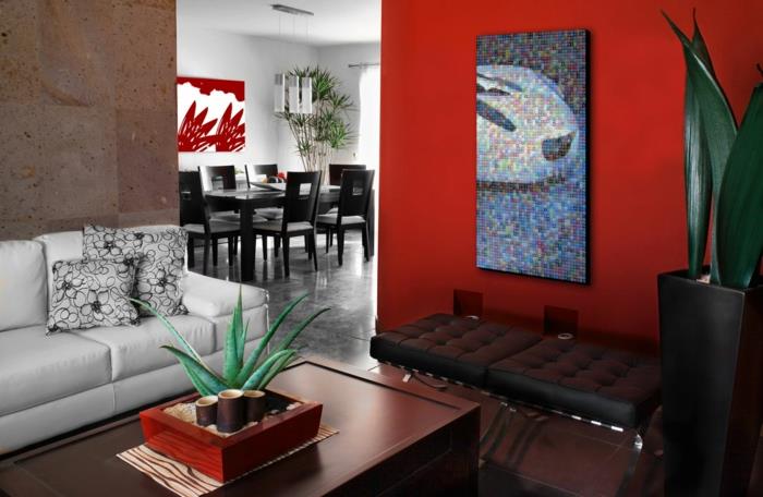 huoneen värit olohuone punainen aksentti seinä valkoinen sohva