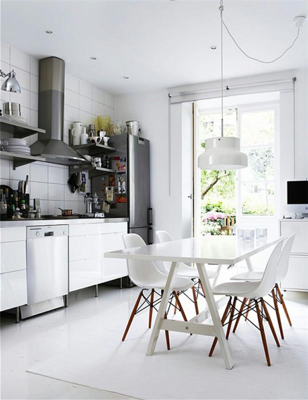 huonesuunnittelu keittiö valkoinen matto huonekalut