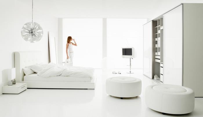 huoneen suunnittelu valkoinen makuuhuoneen kalustus valkoiset seinät valkoinen jakkara riippuvalaisin