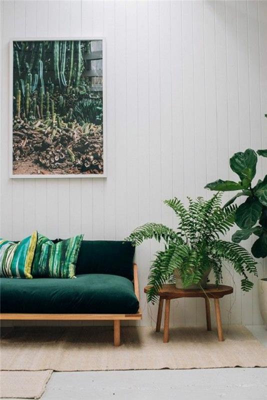 sisätilojen koristeluideoita kasvit olohuone vihreä sohva