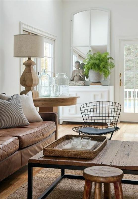 huonekasvit olohuone sisustaa nahkasohva maalaismainen sohvapöytä