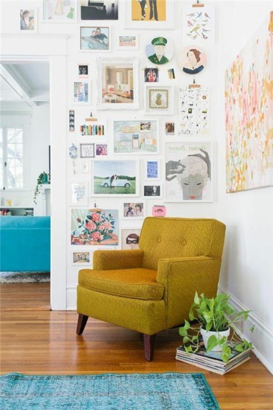 huonekasvit olohuoneen suunnittelu keltainen nojatuoli sininen matto seinä koristella